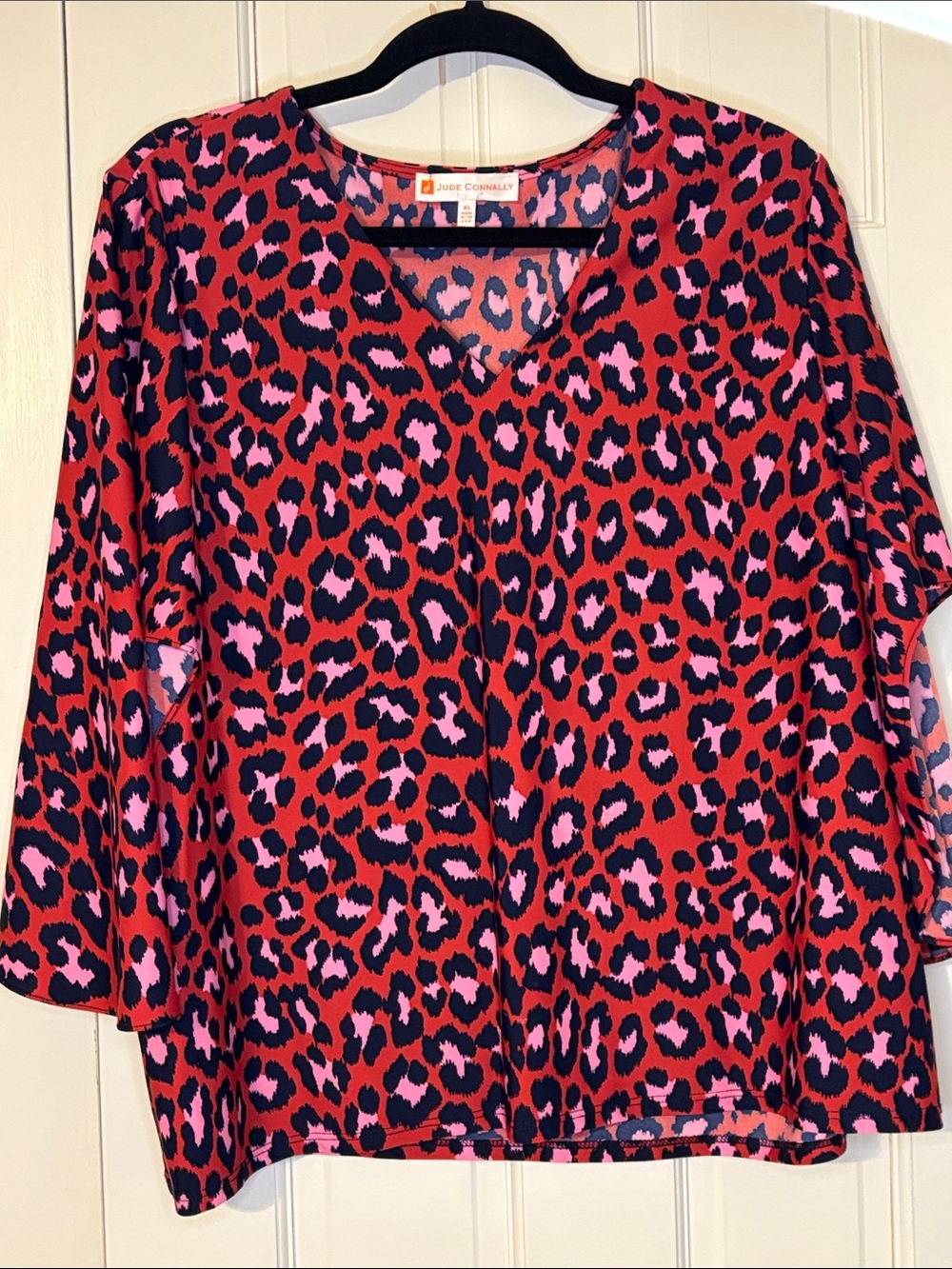Jude Connally Red and Pink Leopard Print V-Neck Long Sleeve Top
